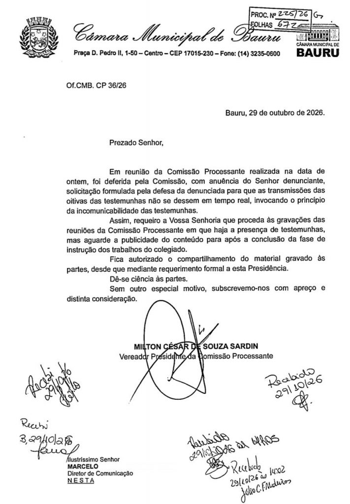 Ofício enviado pelo presidente da CP, à TV Câmara